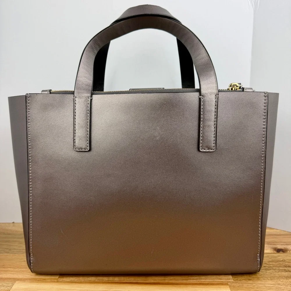Kate Spade Metallic Pewter Leather Tote Bag Triple Compartment Handbag Gunmetal